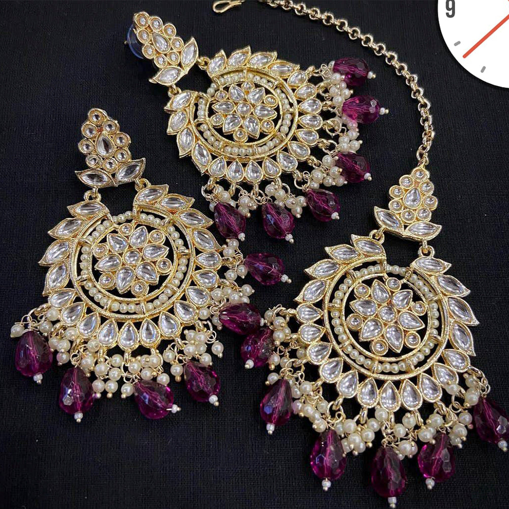 Manisha Jewellery Gold Plated Kundan Stone And Beads Earrings With Maangtikka