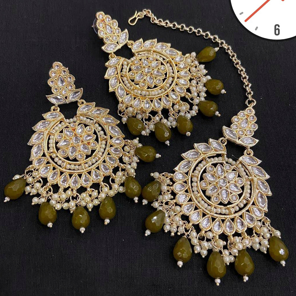 Manisha Jewellery Gold Plated Kundan Stone And Beads Earrings With Maangtikka
