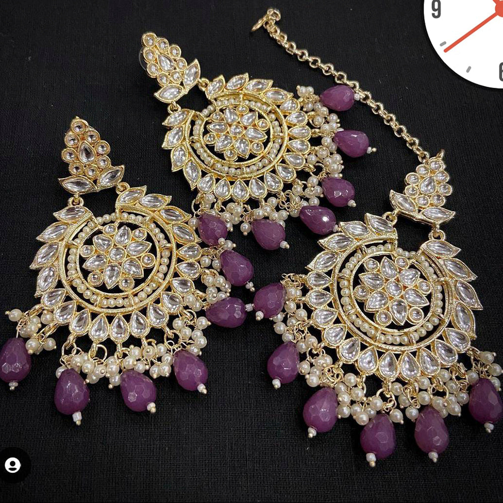 Manisha Jewellery Gold Plated Kundan Stone And Beads Earrings With Maangtikka