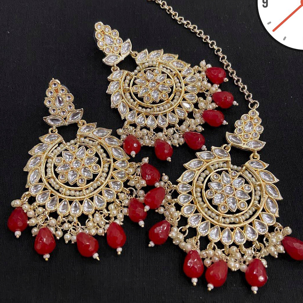 Manisha Jewellery Gold Plated Kundan Stone And Beads Earrings With Maangtikka