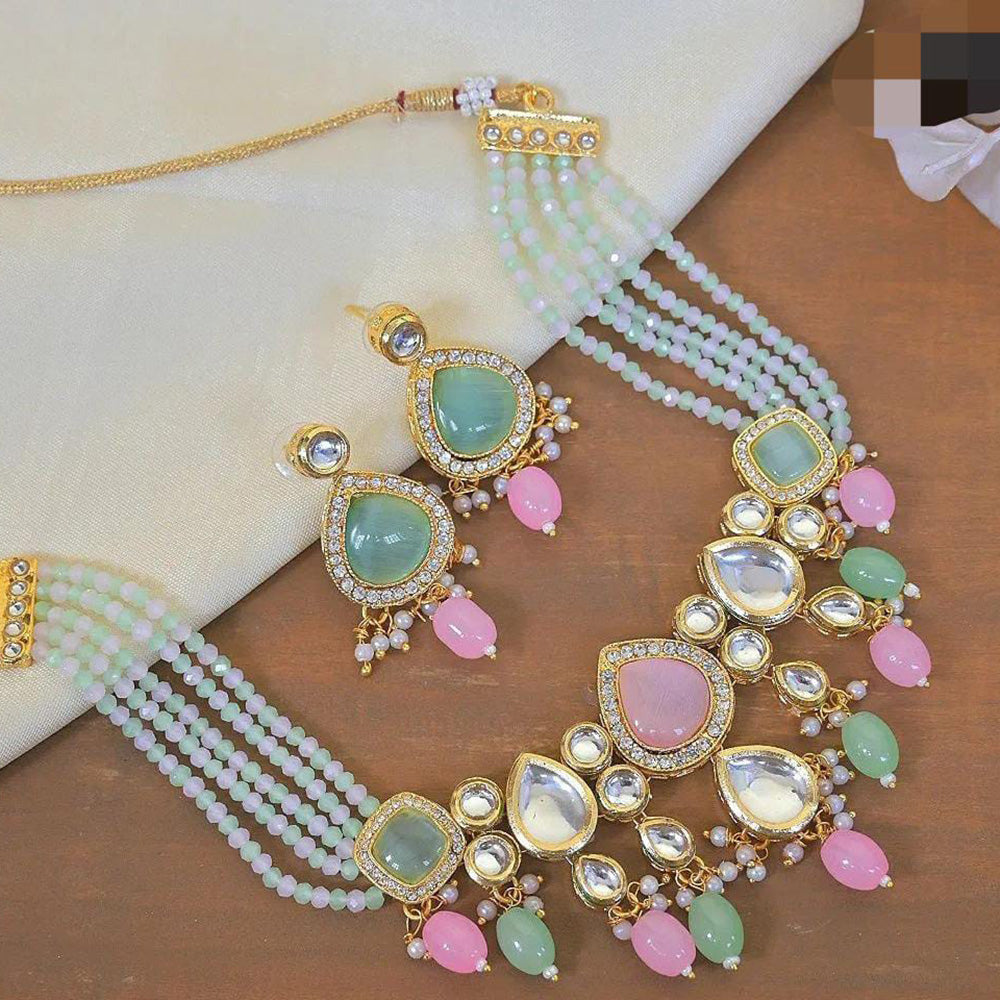 Gold Plated Kundan Choker Necklace Set With Pink Beads & Matching Mang –