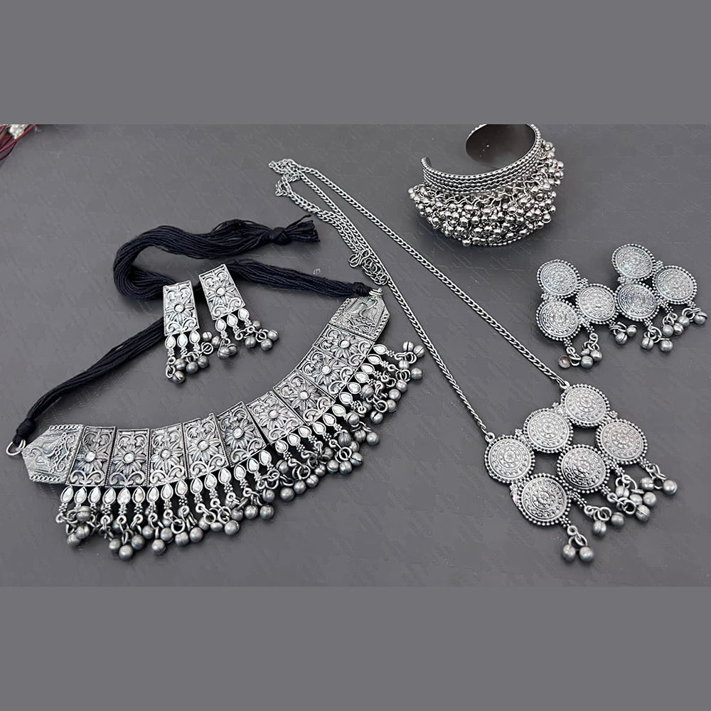 Vaamika Oxidized Plated Long & Choker Necklace Set With , Kada