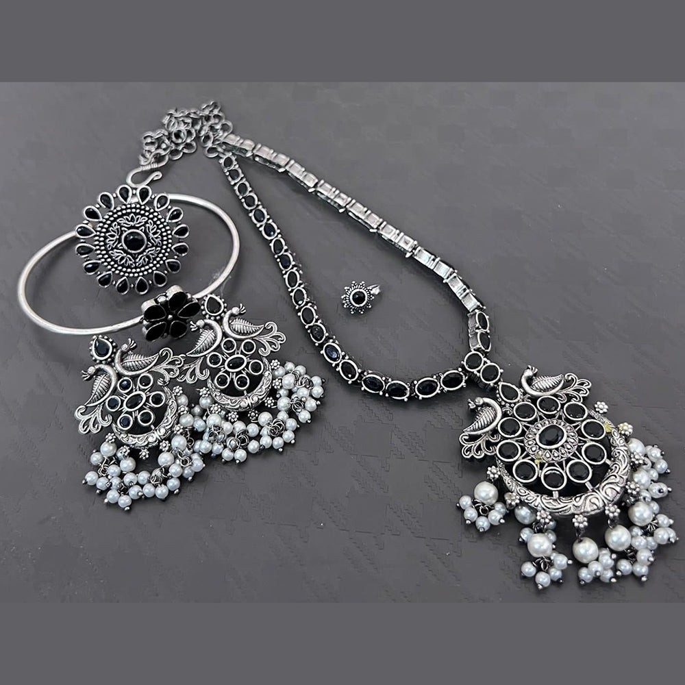 Vaamika Silver Plated Long Necklace Set With Nose Pin , Ring , Kada - 10601014