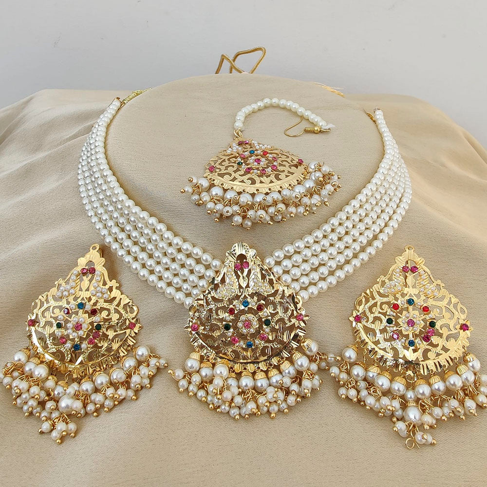 Vaamika Gold Plated Peral Choker Necklace Set - 10601387