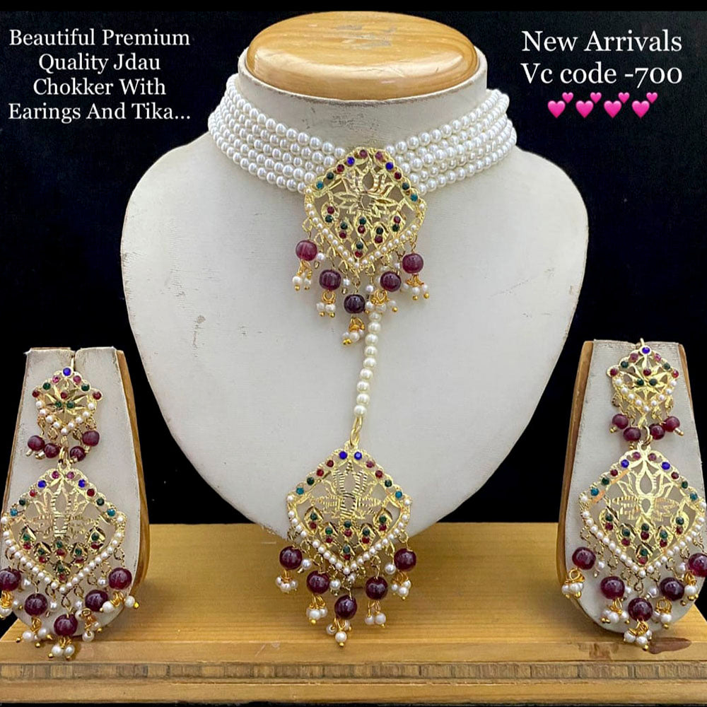 Vaamika Gold Plated Pearl Choker Necklace Set - 10601395