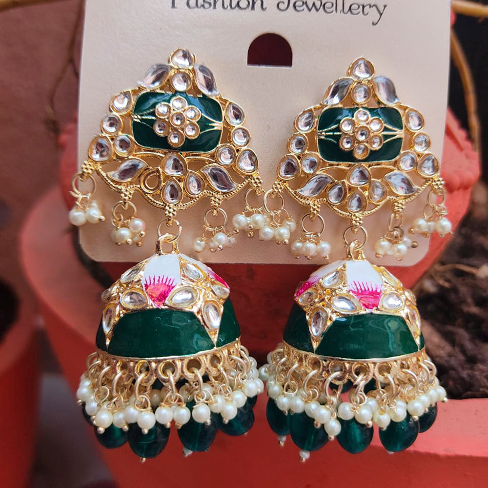 H K Fashion Gold Plated Kundan Stone & Beads Jhumki Earrings