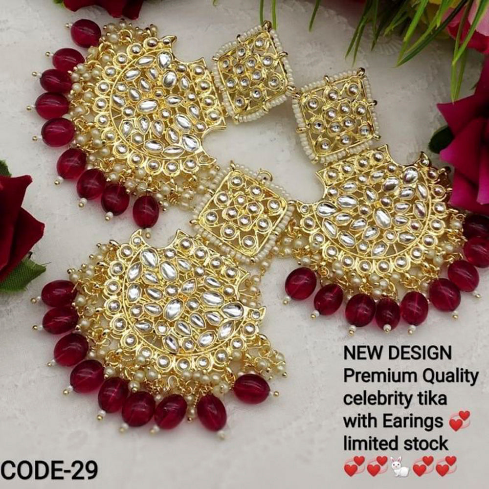 India Art Gold Plated Kundan Stone Earrings With Mangtikka