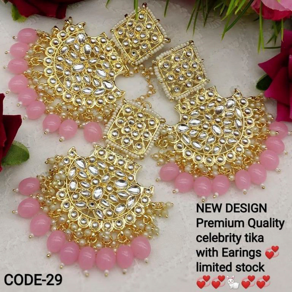 India Art Gold Plated Kundan Stone Earrings With Mangtikka