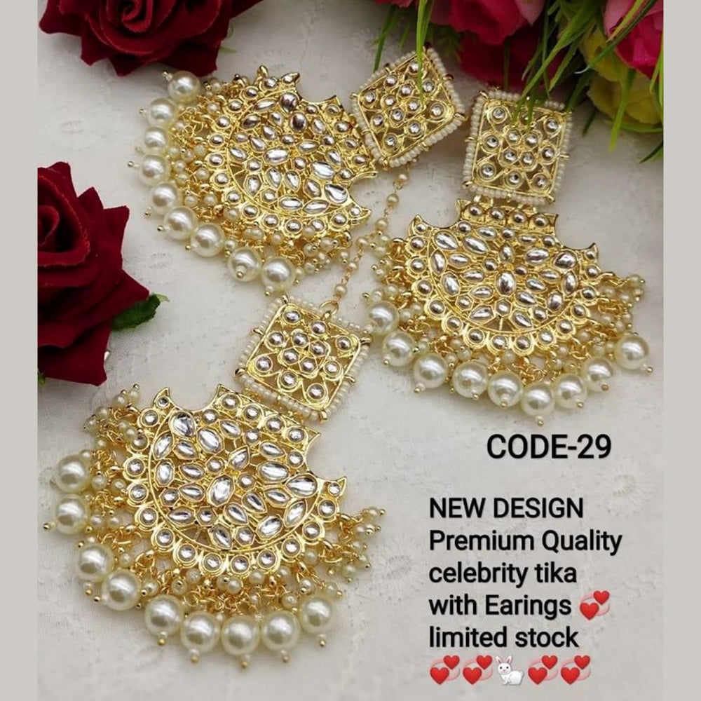 India Art Gold Plated Kundan Stone Earrings With Mangtikka