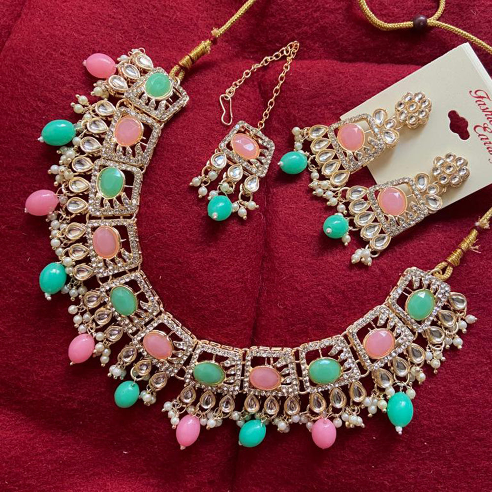 India Art Gold Plated Crystal Stone & Beads Necklace Set