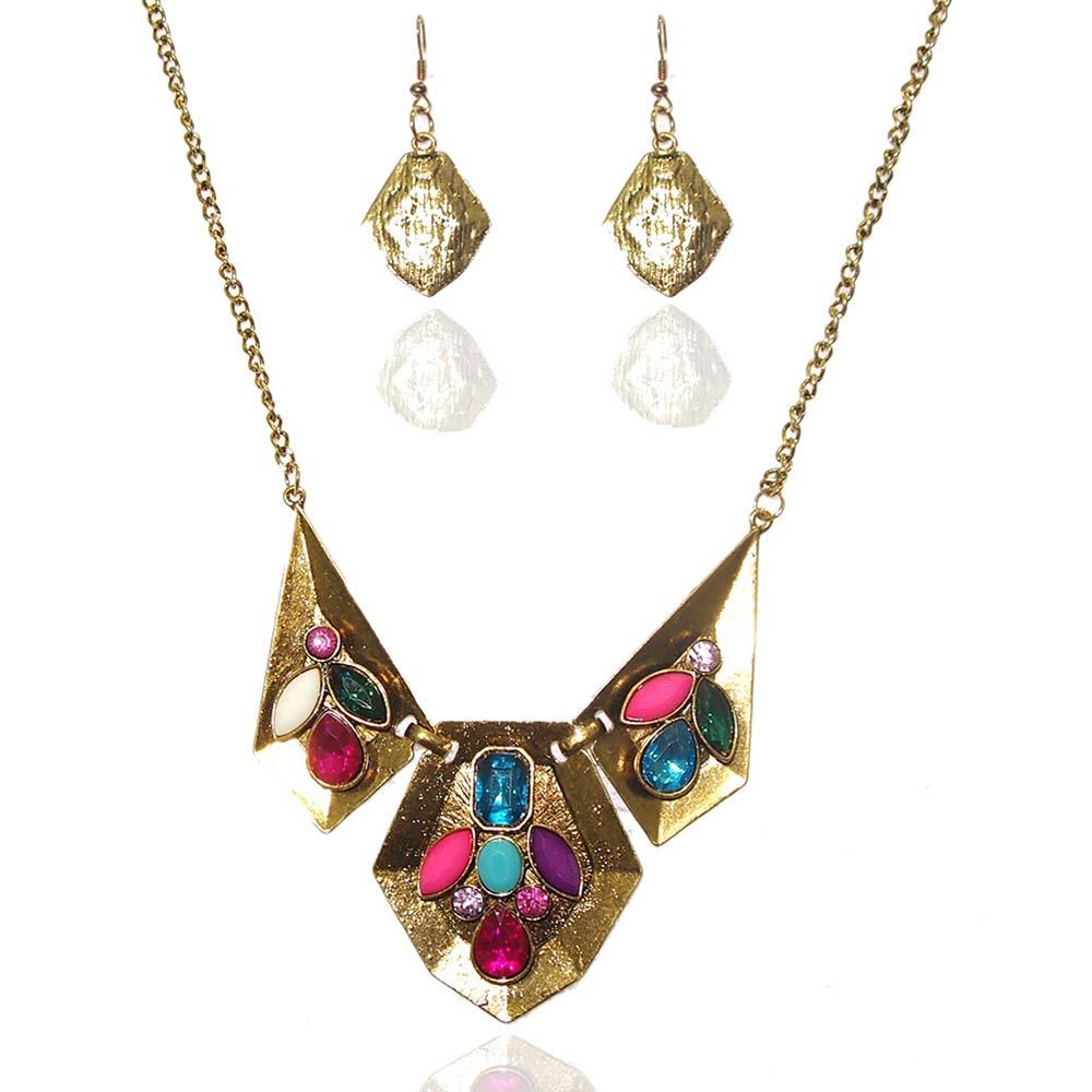 Urthn Multicolor Stones Gold Plated Statement Necklace Set - 1103312
