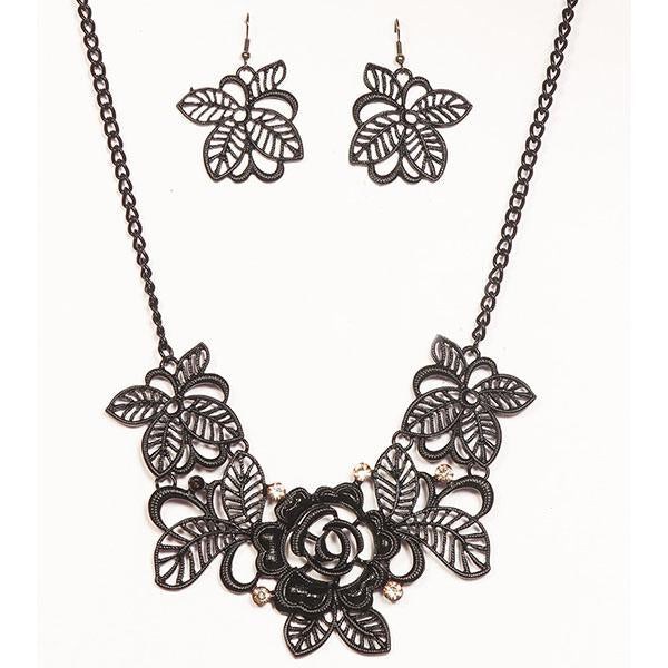 Jeweljunk Floral Design Oxidised Plated Statement Necklace Set - 1103330