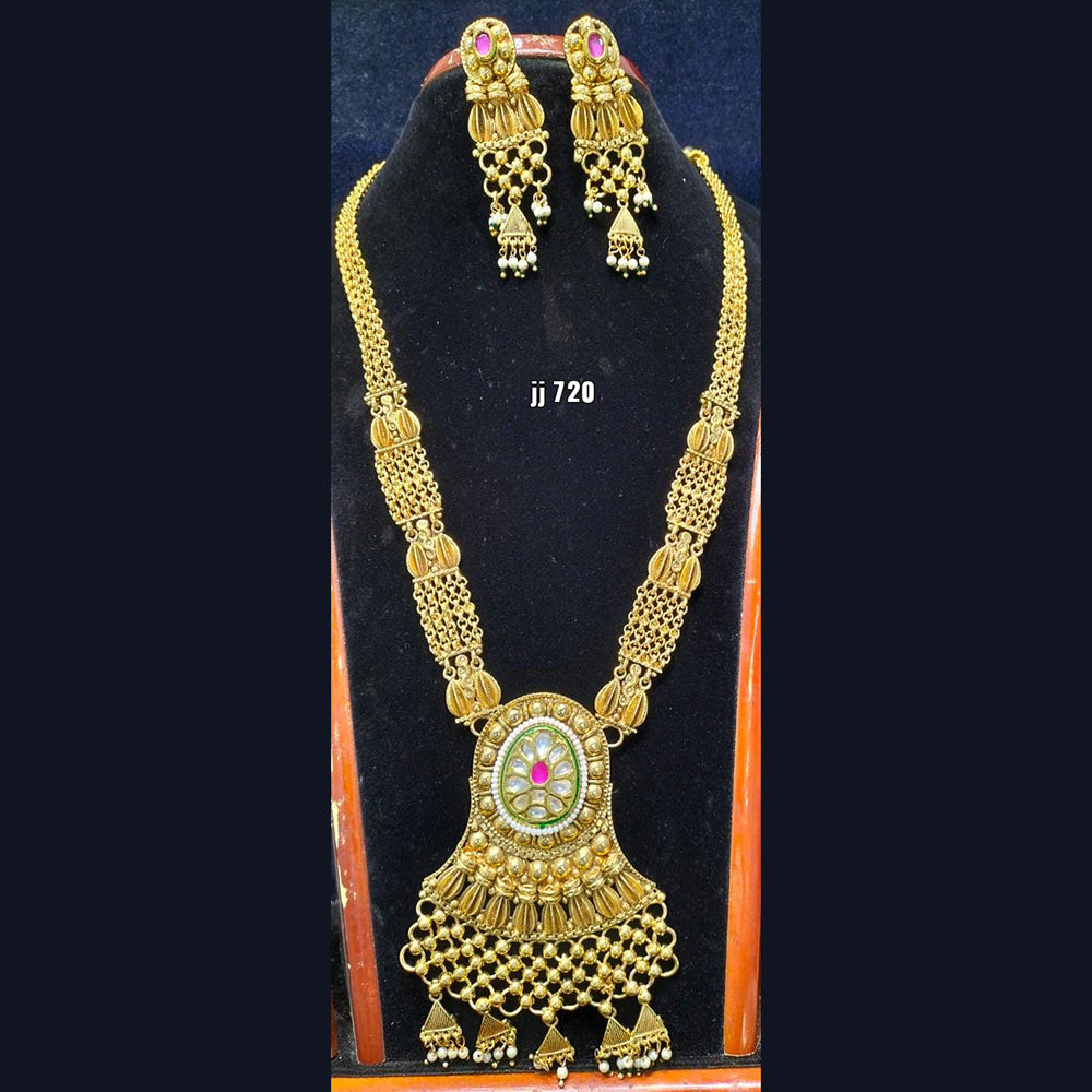 Jain Jewellers Gold Plated Pota Stone Long Haram Necklace Set - 11061709