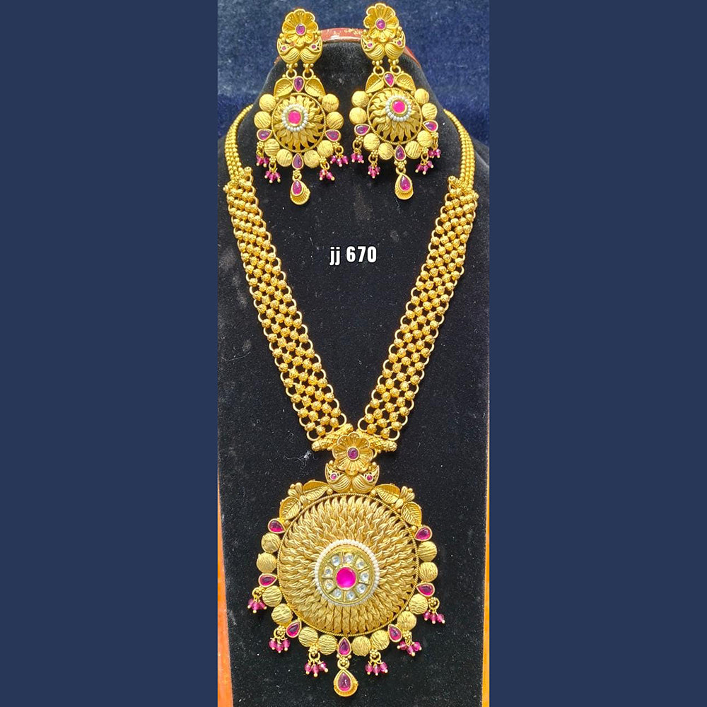 Jain Jewellers Gold Plated Pota Stone Long Haram Necklace Set - 11061717