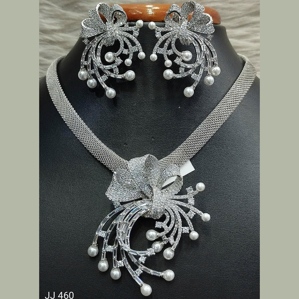 Jain Jewellers Silver Plated AD Stone Pendant Set