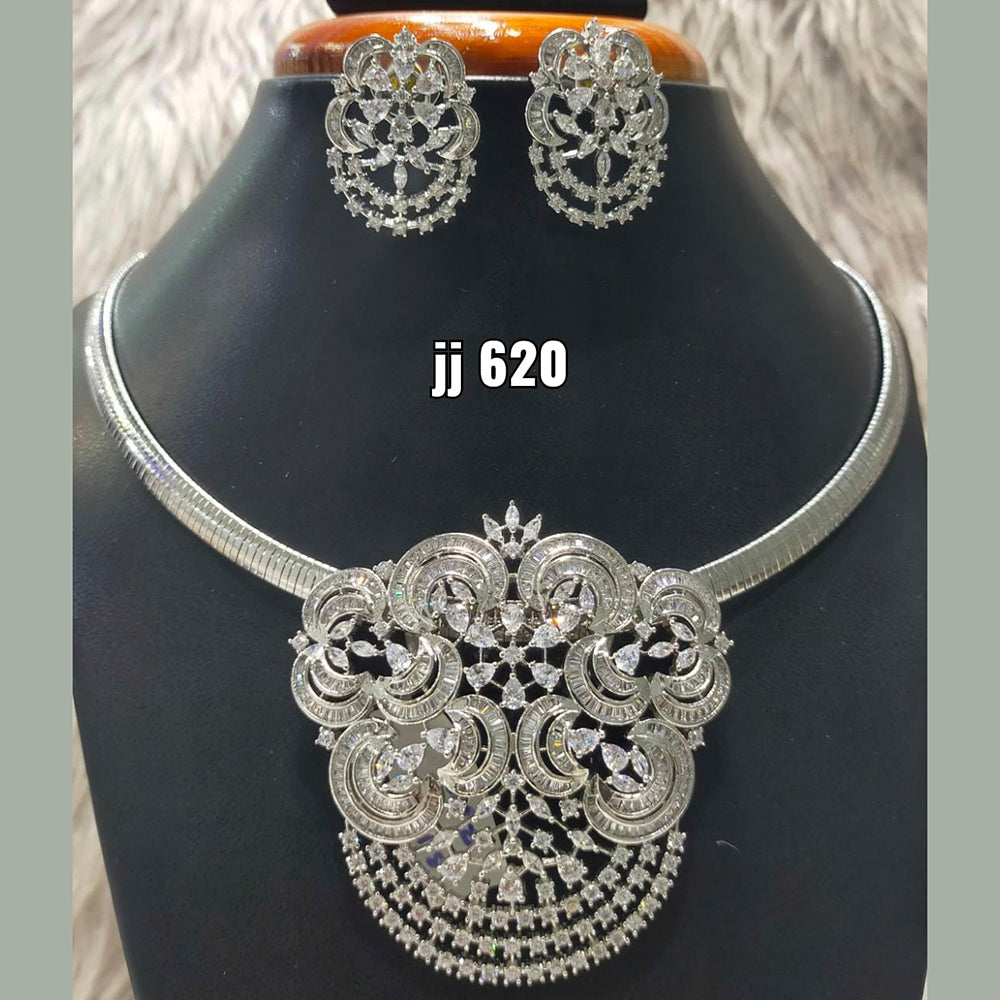 Jain Jewellers Silver Plated AD Stone Pendant Set