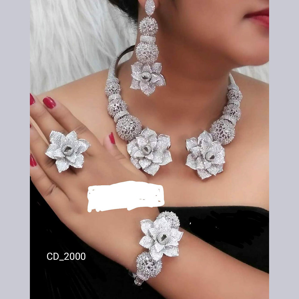 Jain Jewellery Silver Plated AD Stone Jewellery Combo Set