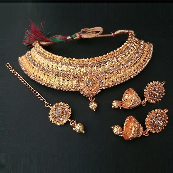 Amina Creation Gold Plated Choker Necklace Set With Maang Tikka