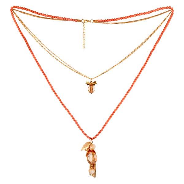 Urthn Orange Beads Gold Plated Double Chain Necklace - 1109405C
