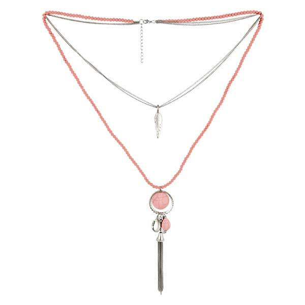 Urthn Pink Beads Gold Plated Double Chain Necklace - 1109406A