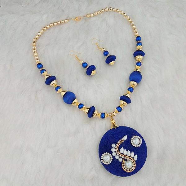 Silk thread jewellery. Blue color gold thread necklace with