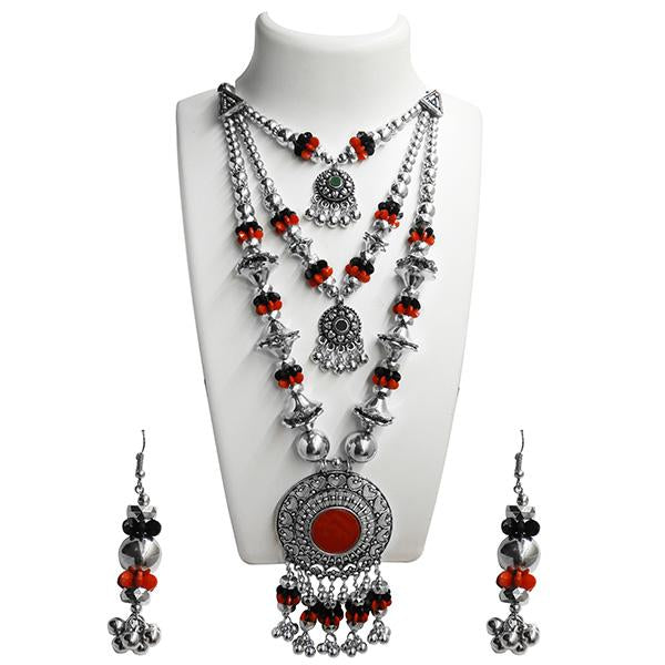 Jeweljunk Red Beads 3 Layer Navratri Special Necklace Set - 1110839