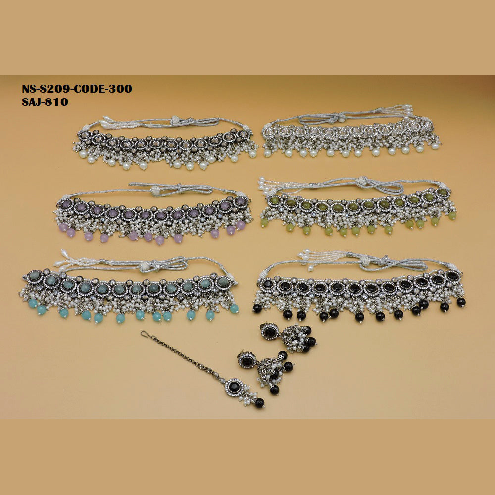Soni Art Jewellery Oxidised Plated Pota Stone & Beads Choker Necklace Set