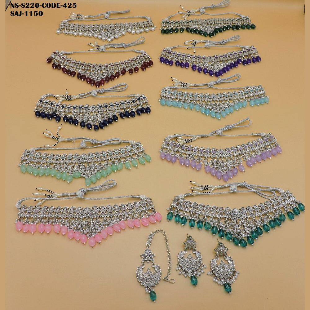 Soni Art Jewellery Silver Plated Pota Stone & Beads Choker Necklace Set