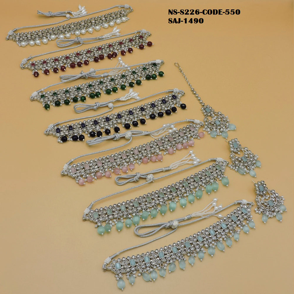 Soni Art Jewellery Silver Plated Pota Stone & Beads Choker Necklace Set