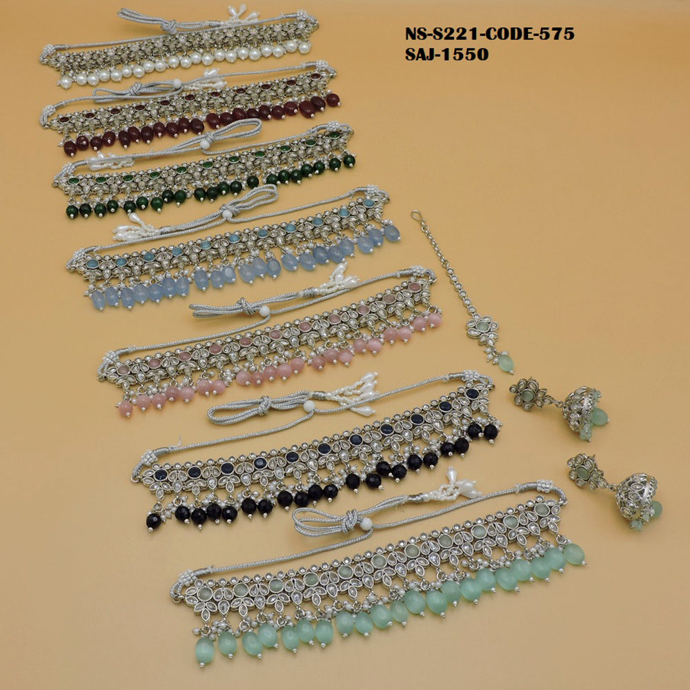 Soni Art Jewellery Silver Plated Pota Stone & Beads Choker Necklace Set