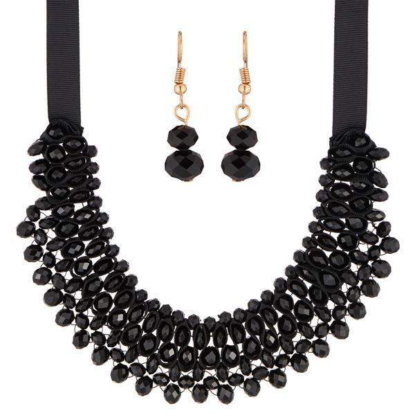 Urthn Black Beads Lace Statement Necklace Set - 1111230A