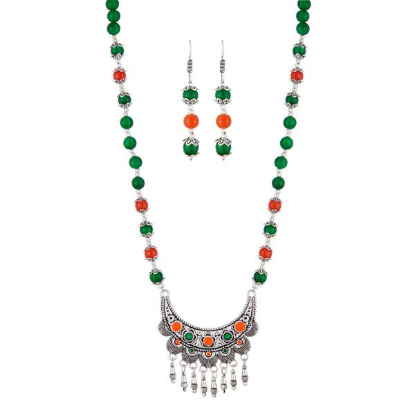 Urthn Rhodium Plated Green Beads Necklace Set - 1111312I