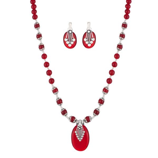 Urthn Rhodium Plated Maroon Beads Necklace Set - 1111313B