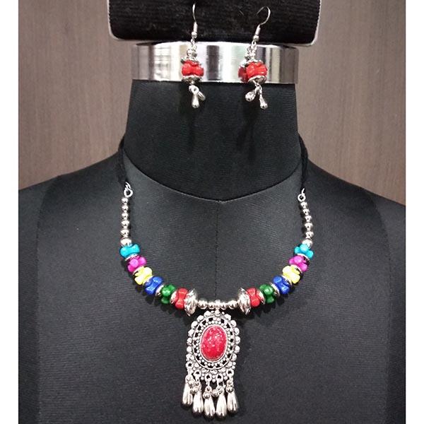Jeweljunk Rhodium Plated Multicolor Beads Navratri Necklace Set - 1112859B