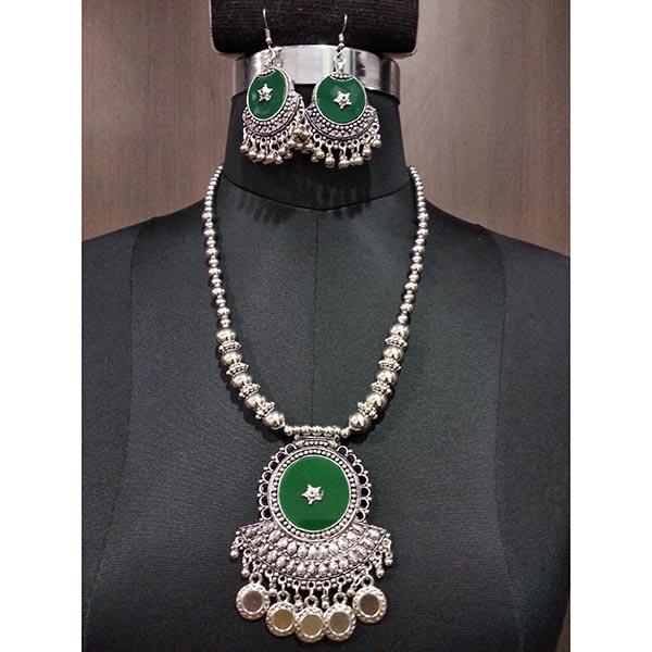 Jeweljunk Green Beads Rhodium Plated Navratri Necklace Set - 1112880A