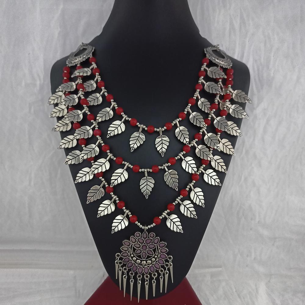 Jeweljunk Oxidised Plated Red Beads Leaf Desgin Three Layer Necklace - 1114558F