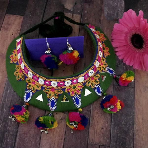 Jeweljunk Oxidised Green Thread Choker Necklace Set - 1114602A