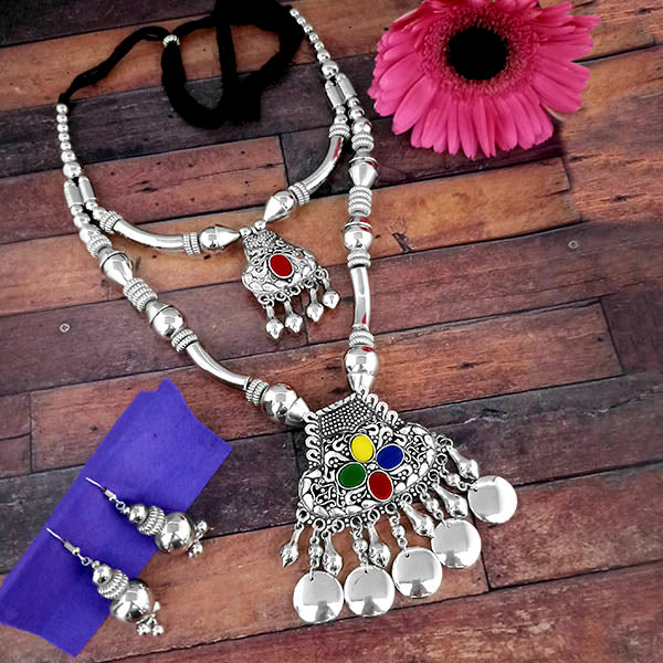 Jeweljunk Oxidised Plated Multicolor Two Layer Necklace Set