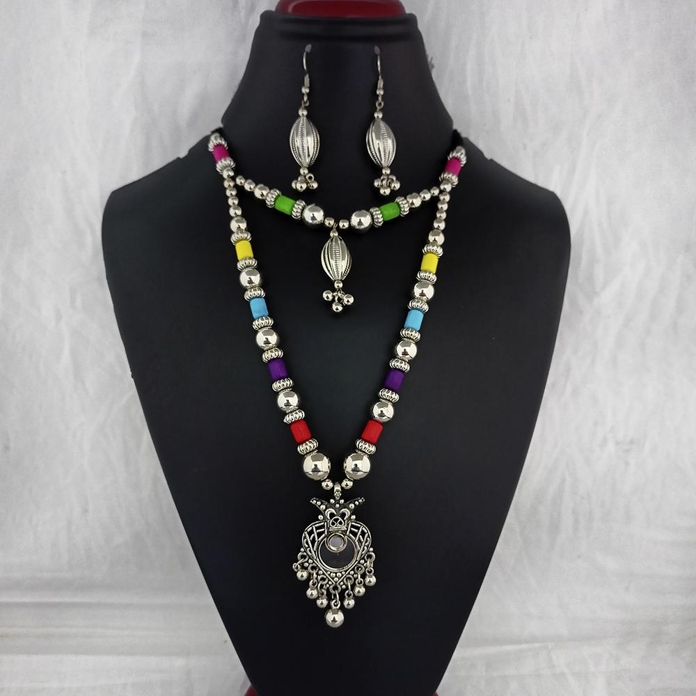 Jeweljunk Oxidised Plated Multicolor Two Layer Necklace Set - 1114650