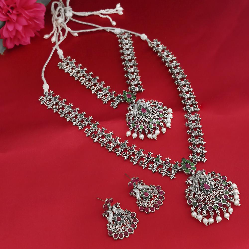 Tisha Oxidised Plated Pink & Green Pota Stone Necklace Set - 1115326