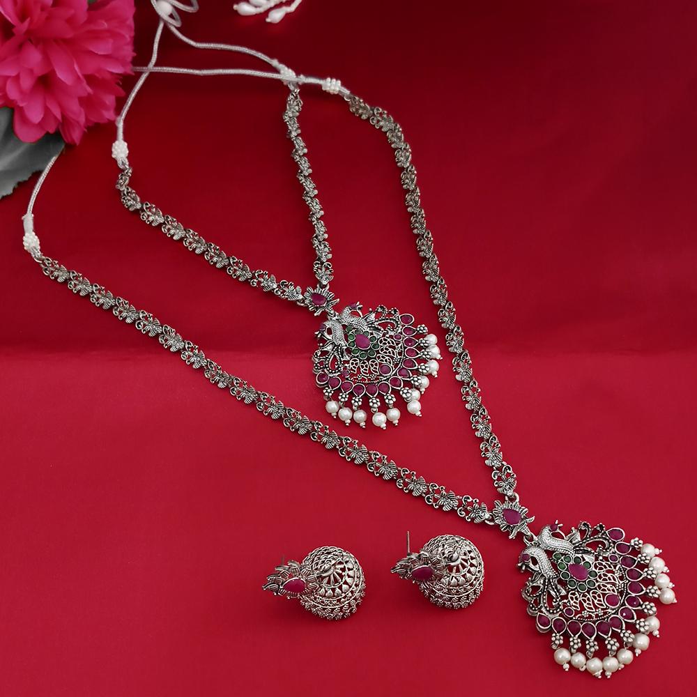 Tisha Oxidised Plated Pink & Green Pota Stone Necklace Set - 1115328