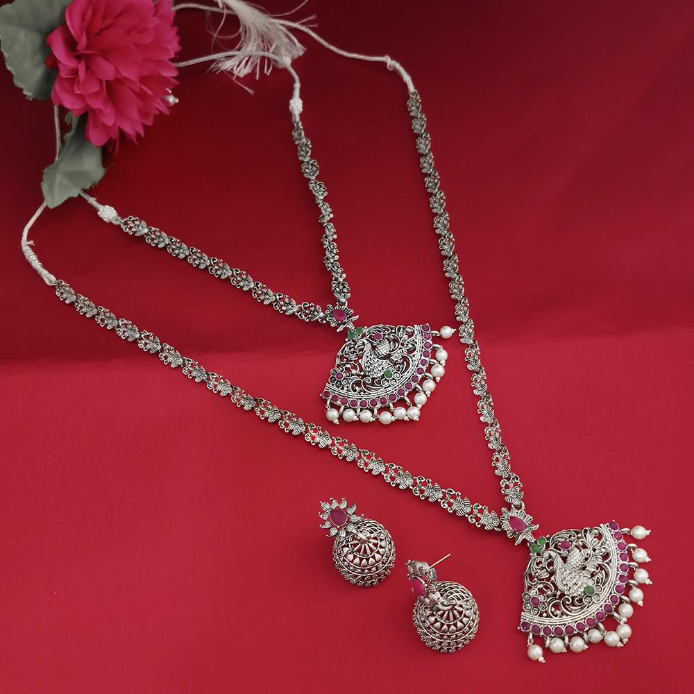 Tisha Oxidised Plated Pink & Green Pota Stone Necklace Set - 1115329