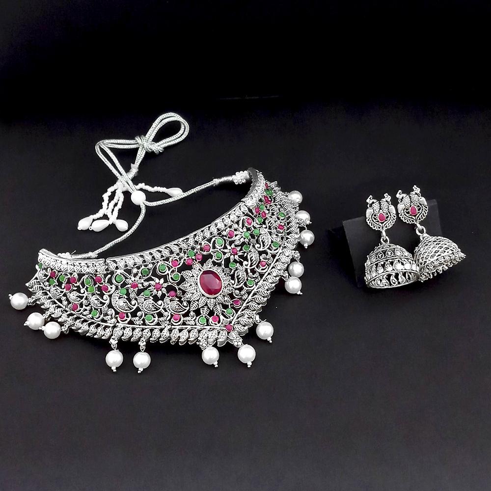 Tisha Oxidised Plated Pink & Green Pota Stone Choker Necklace Set - 1115334