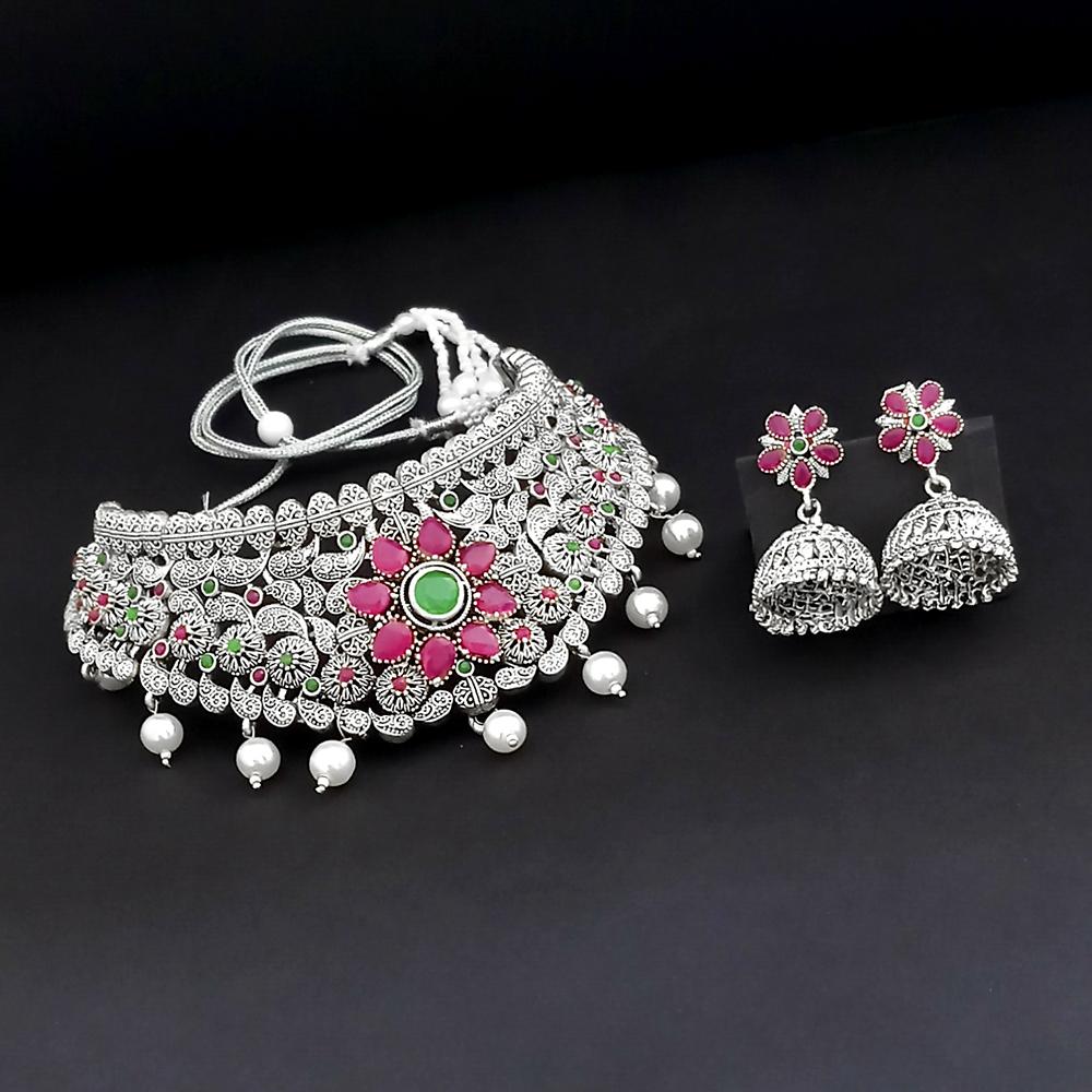 Tisha Oxidised Plated Pink & Green Pota Stone Choker Necklace Set - 1115335
