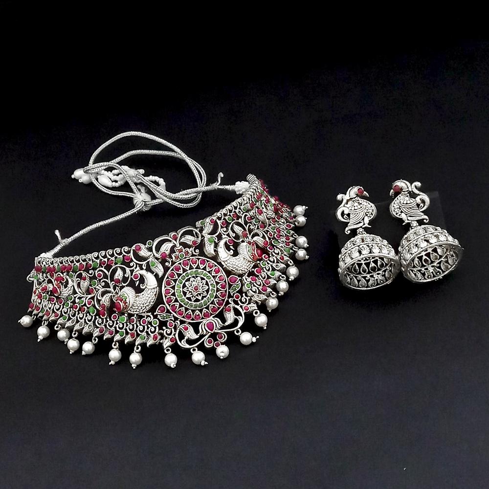 Tisha Oxidised Plated Pink & Green Pota Stone Choker Necklace Set - 1115339