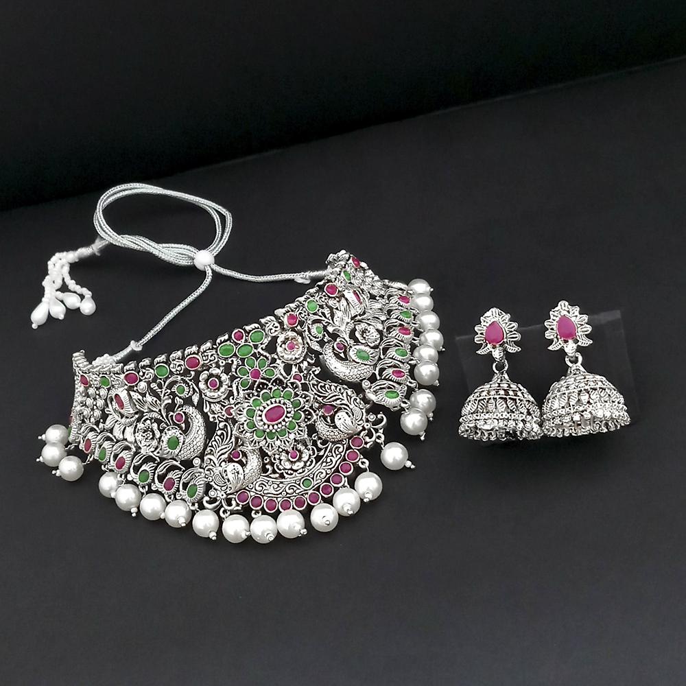 Tisha Oxidised Plated Pink & Green Pota Stone Choker Necklace Set - 1115340