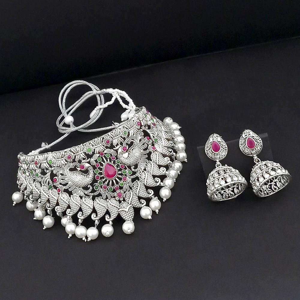 Tisha Oxidised Plated Pink & Green Pota Stone Choker Necklace Set - 1115341