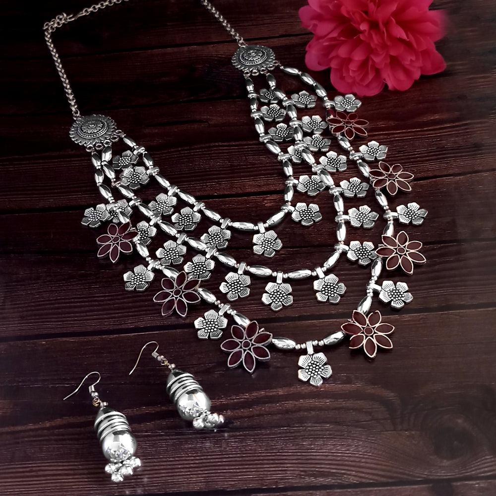 Jeweljunk Oxidised Plated Three Layers Necklace Set