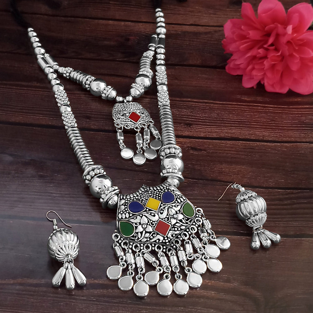 Jeweljunk Navratri Special Oxidised Plated Multicolour Two Layer Necklace set