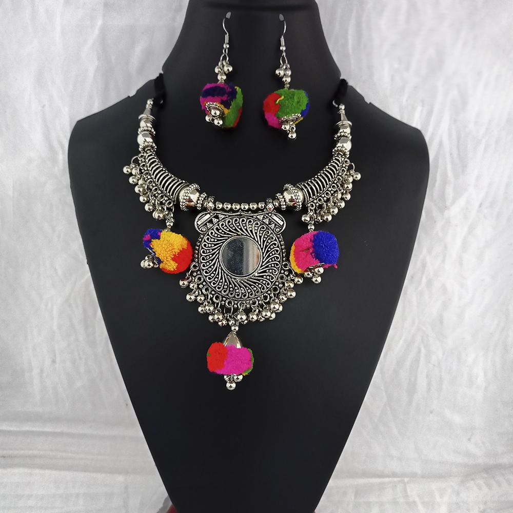 Jeweljunk Oxidised Plated Multicolor Pom Pom Necklace Set - 1115656